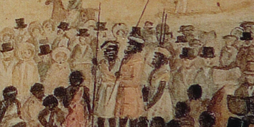 Mullawirraburka, Kadlitpinna and Ityamaiitpinna from Berkeley, 1838 (AGSA)_Malone